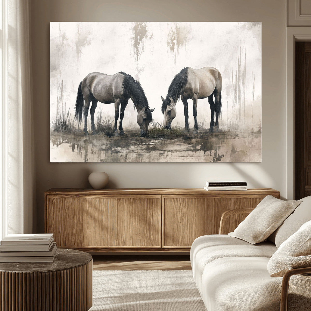 Chines Ink Style Vintage Horses Wall Art Canvas Print for