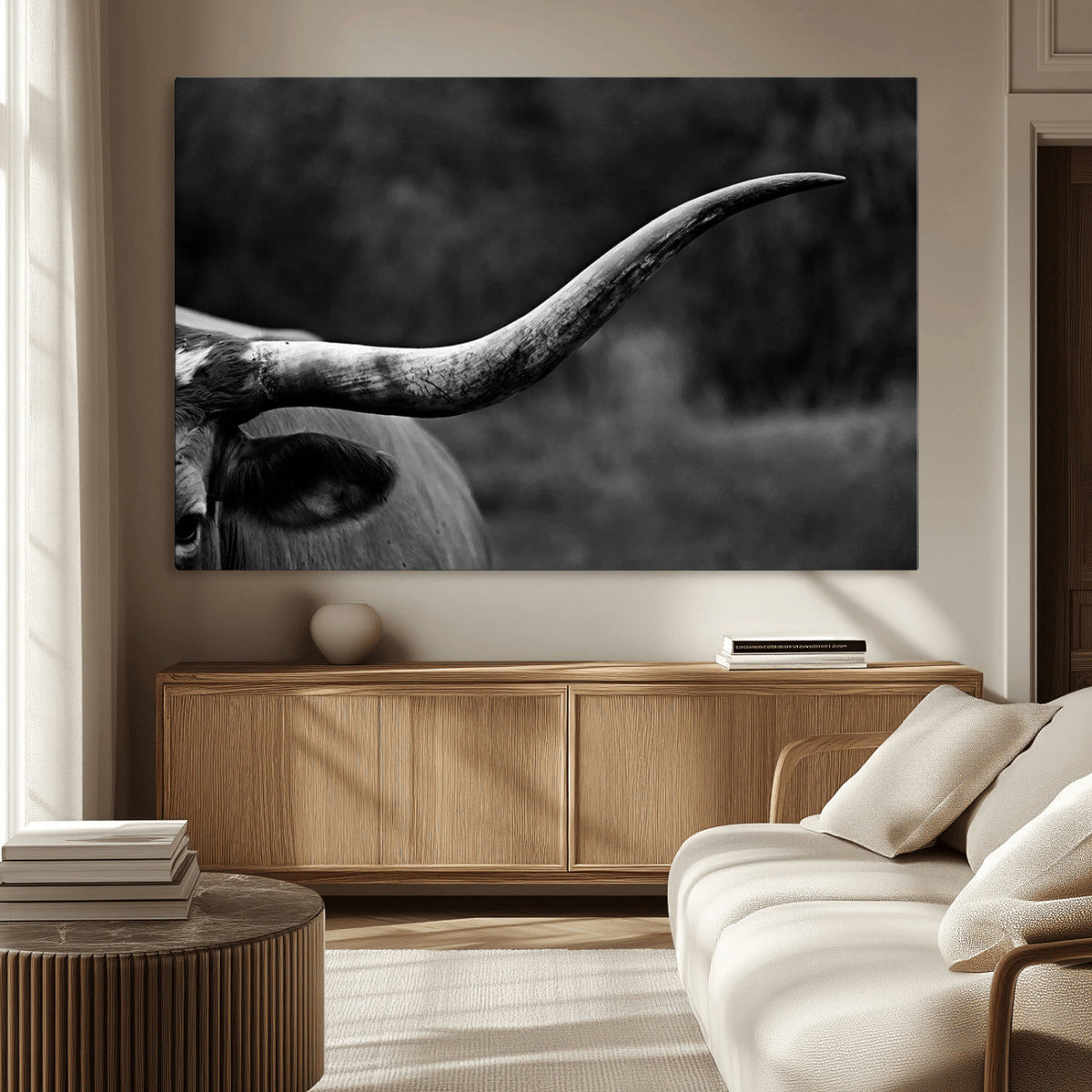 Cow Longhorn Wall Art | Black and White Print | Ready to