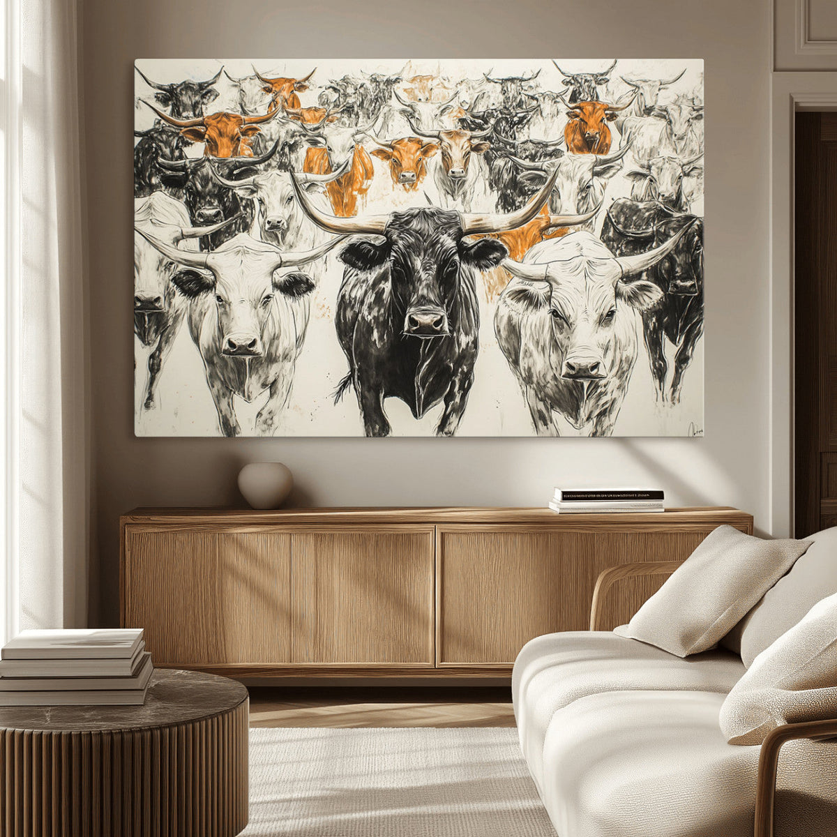 Farmhouse Wall Art | Western Longhorn Cattle Canvas Print |