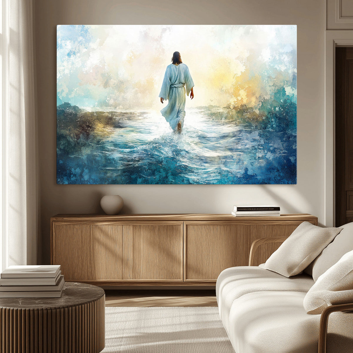 Watercolor Jesus Walking on Water Canvas Print, Christian
