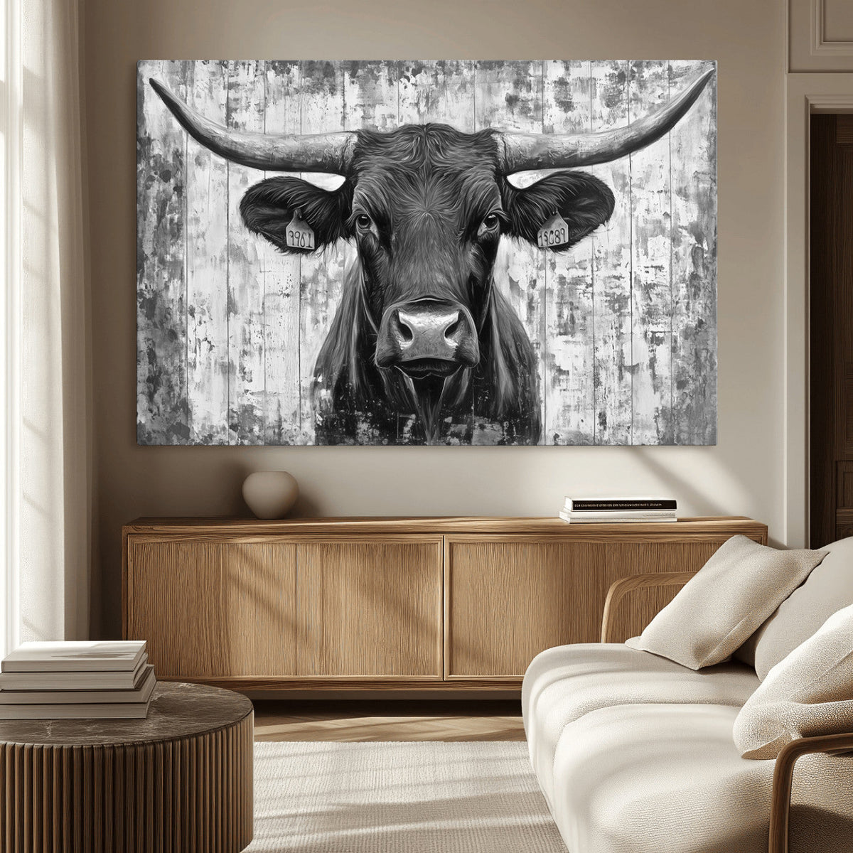 Abstract Longhorn Bull Wall Art Canvas Print - Rustic Texas