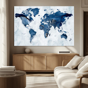 Modern Blue World Map Canvas Print – Framed Wall Art,