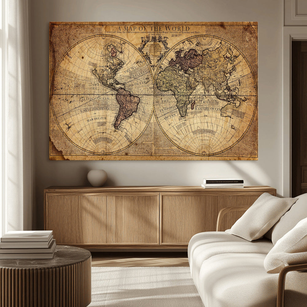 Vintage World Map Wall Art Canvas – Antique Style Push Pin