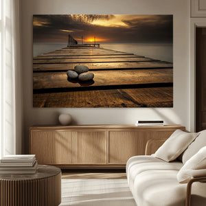 Stones on Wooden Pier at Sunset Canvas Print, Serene Coastal