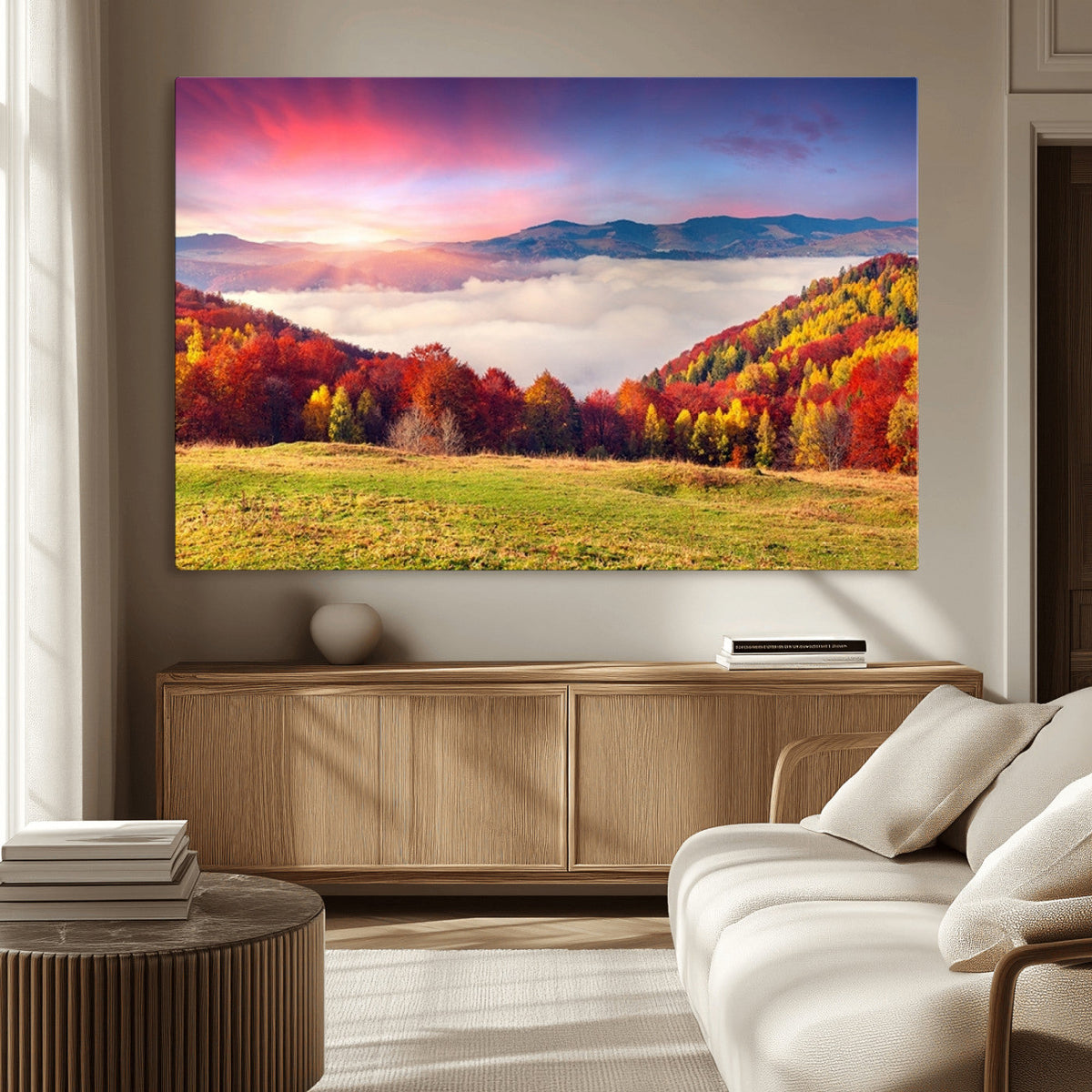 Autumn Mountain Foggy Landscape Wall Art Canvas Print |
