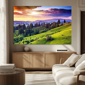 Green Hills and Sunset Wall Art Print - Scenic Landscape