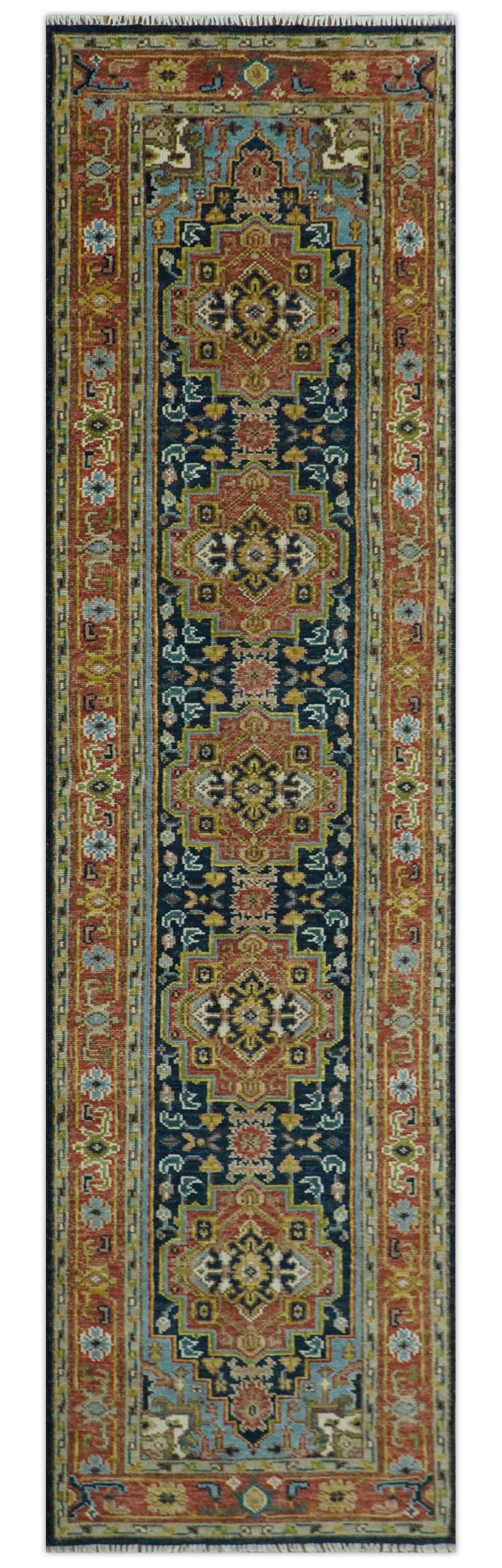 Custom Made Hand Knotted Traditional Rust And Blue Runner Wool Rug