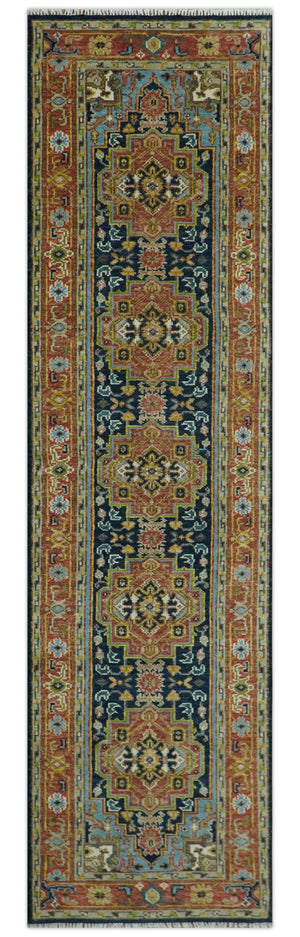 Custom Made Hand Knotted Traditional Rust And Blue Runner Wool Rug