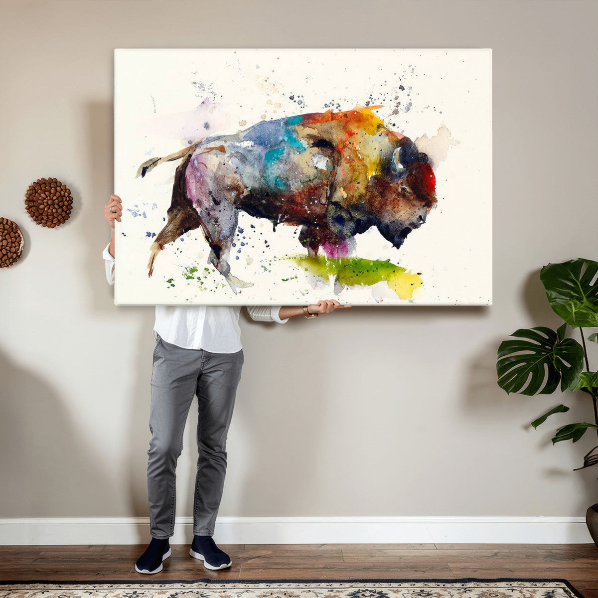 Abstract Buffalo Wall Art, Western Watercolor Bison Canvas