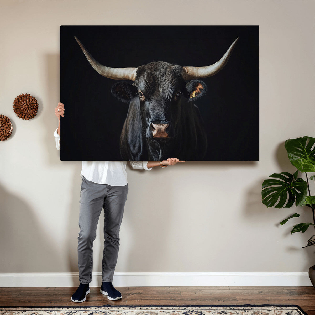 Majestic Longhorn Bull Wall Art Canvas Print – Dark