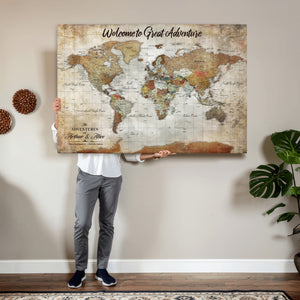 Personalized World Map Wall Art Canvas Print – Custom Push