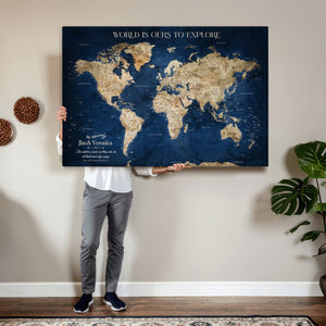 Framed Custom World Map Canvas Print - Deep Blue World Map
