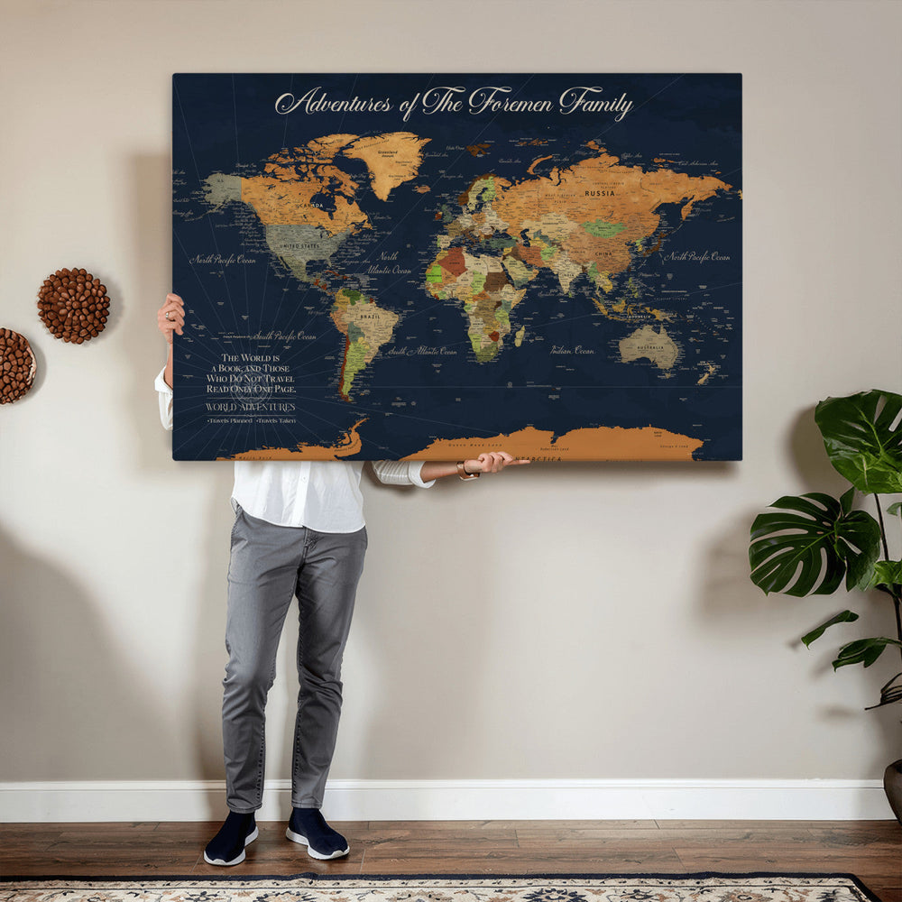 Custom Push Pin World Map Wall Art Canvas Print – Personalized Travel Tracker with Pins Framed Large for Home and Office Decor