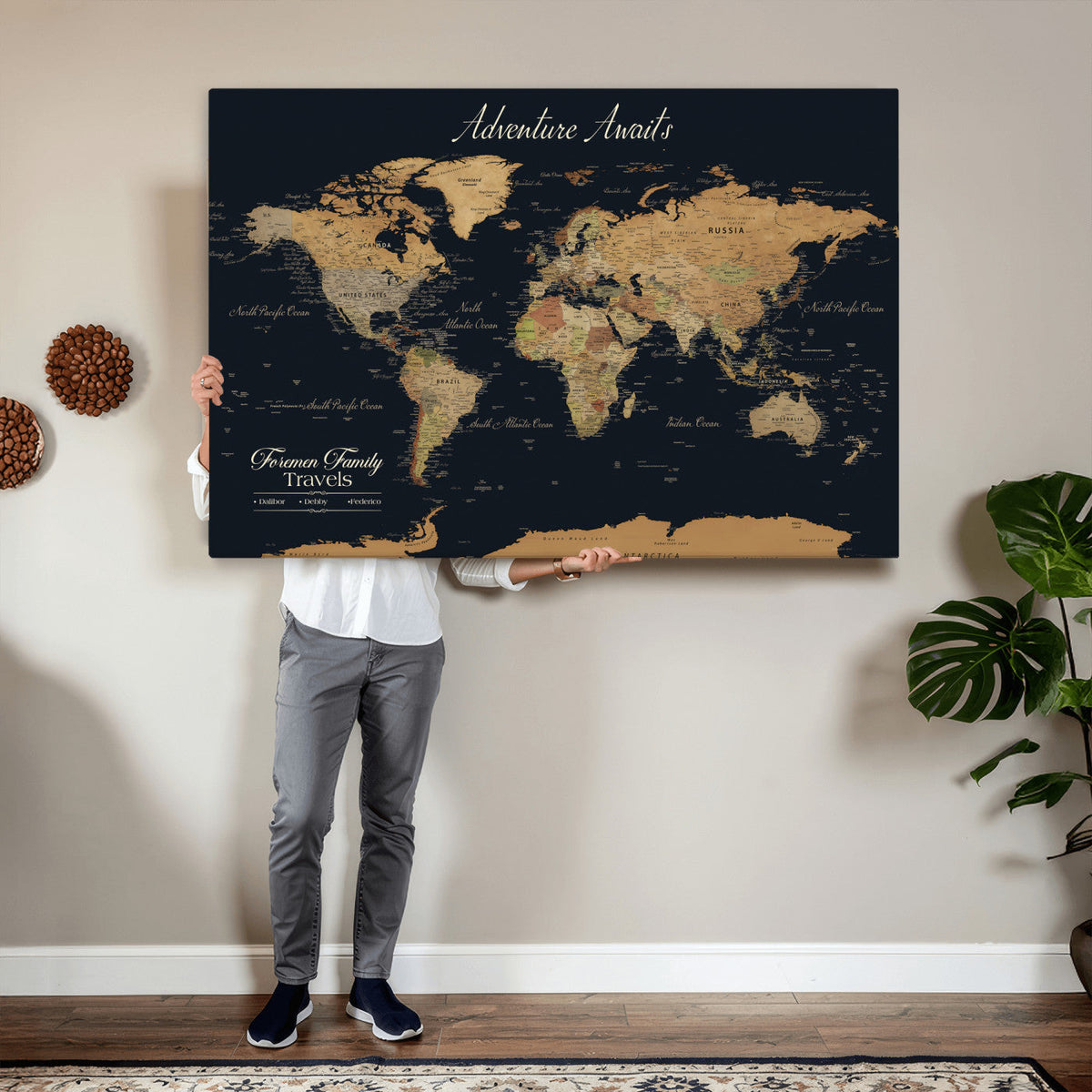 Personalized Family Travel Map Canvas – Custom Framed Push