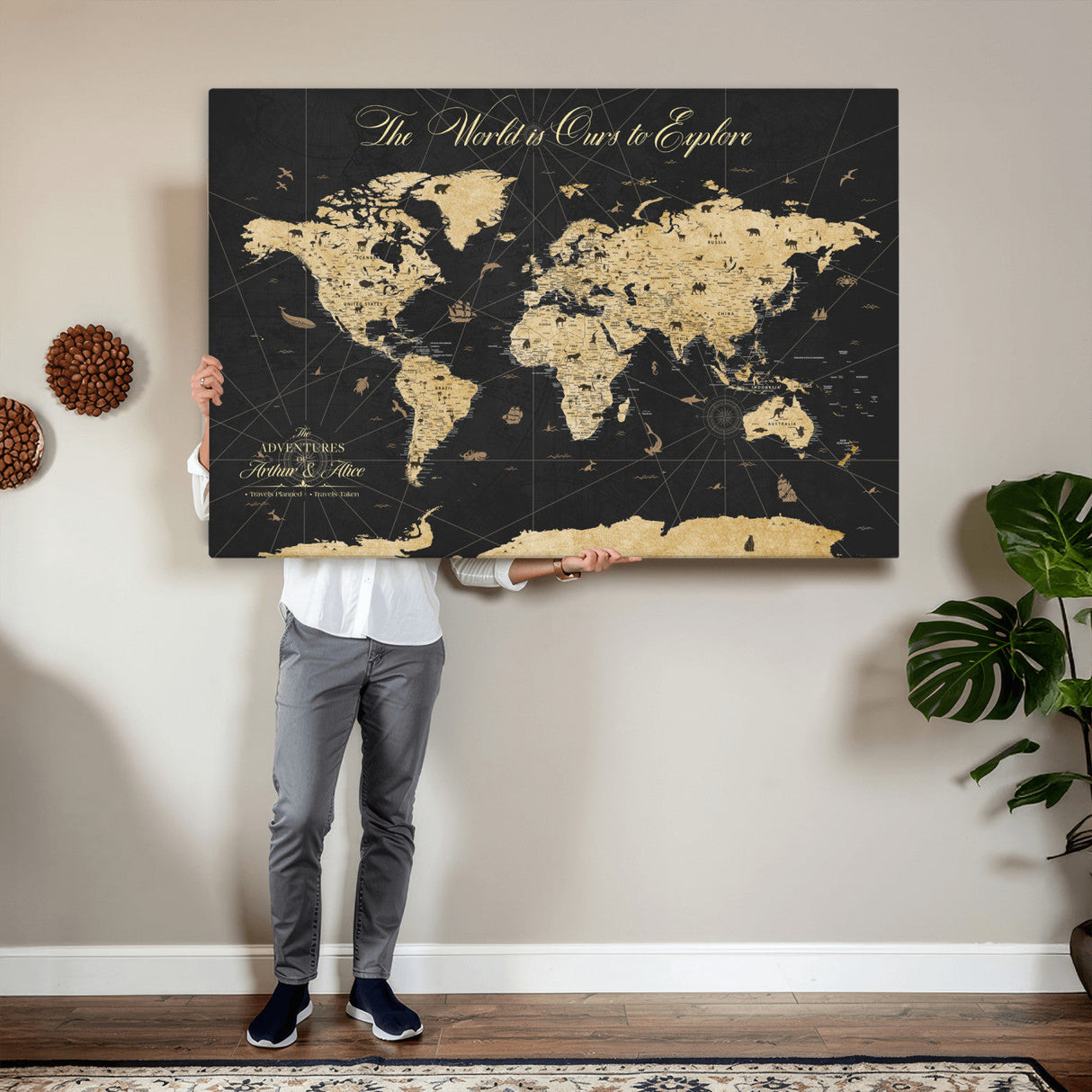 Custom Push Pin World Map Wall Art Canvas Print – Personalized Travel Tracker with Pins Framed Large for Home and Office Decor