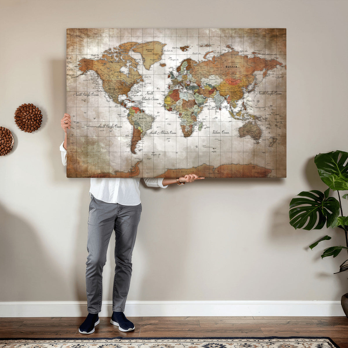 Vibrant Watercolor World Map Canvas Wall Art – Framed Travel