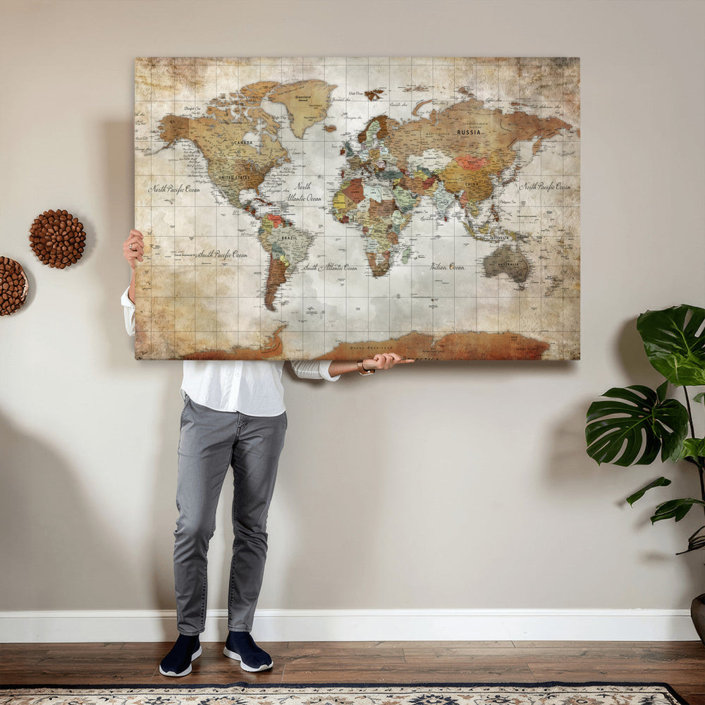 World Map Wall Art Canvas Print, Modern Decorative Framed Map Artwork Prints for Living Room, Office, Bedroom Wall Decor