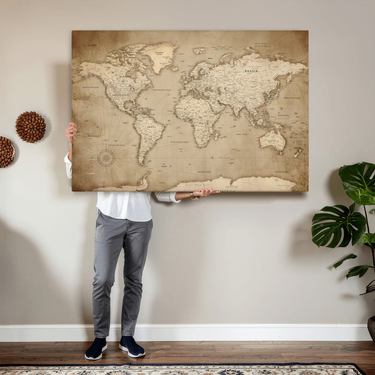 Colorful Watercolor World Map Canvas Wall Art – Framed