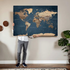 Navy Blue World Map Canvas Print – Framed Travel Map Wall