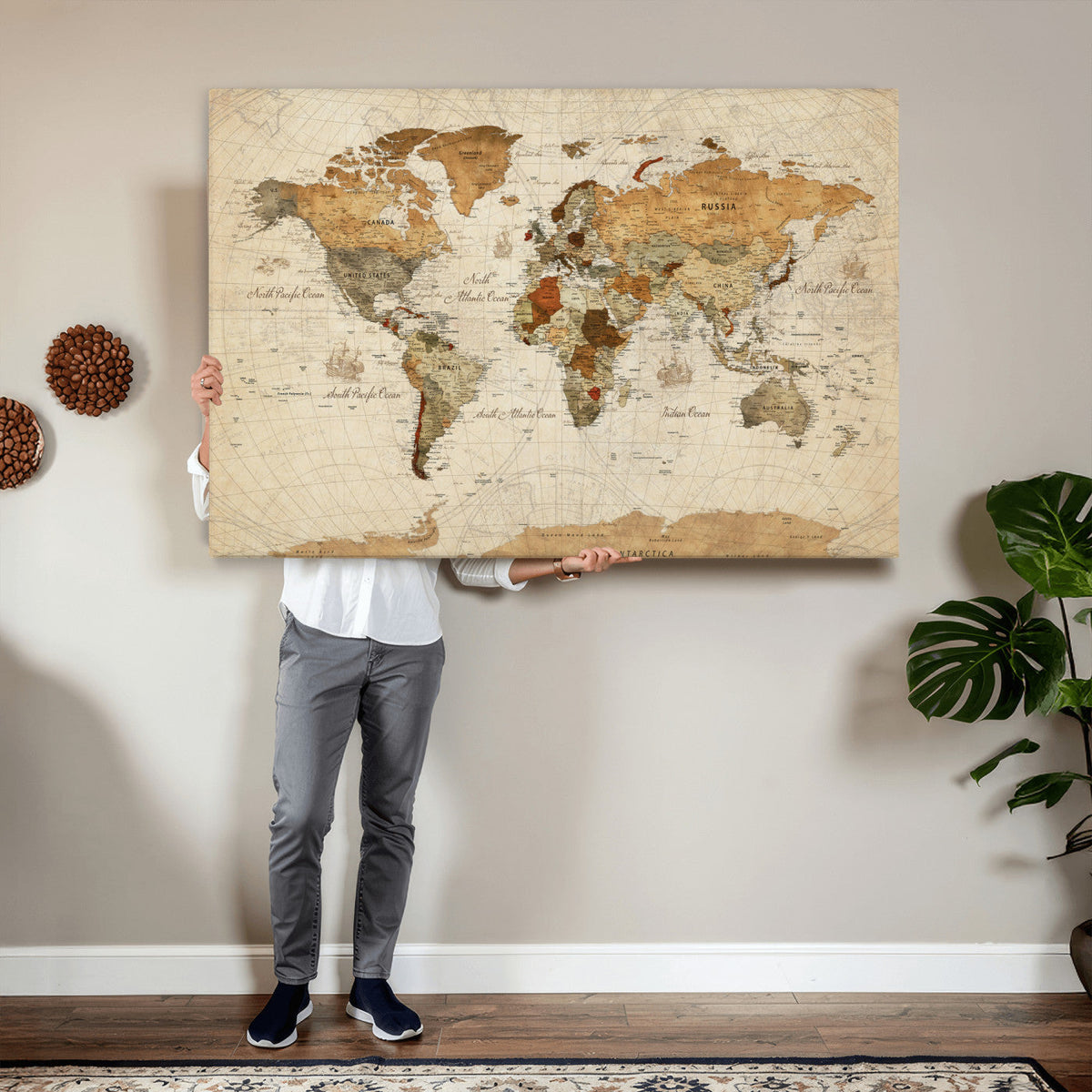 Rustic Vintage World Map Canvas Print – Framed Modern