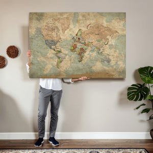 World Map Wall Art Canvas Print, Rustic Map Print, Framed