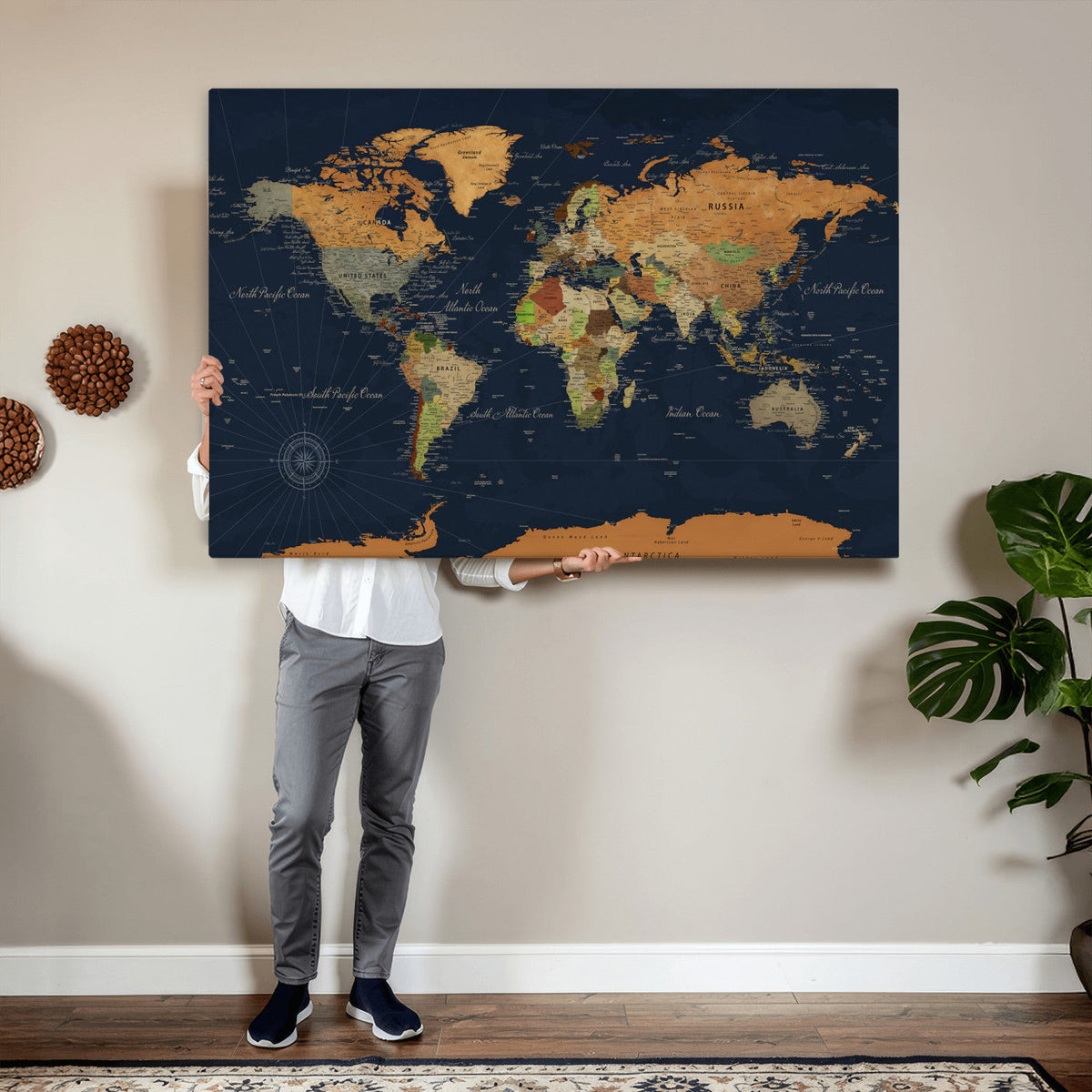Modern World Map Canvas Print – Framed Detailed Map of the