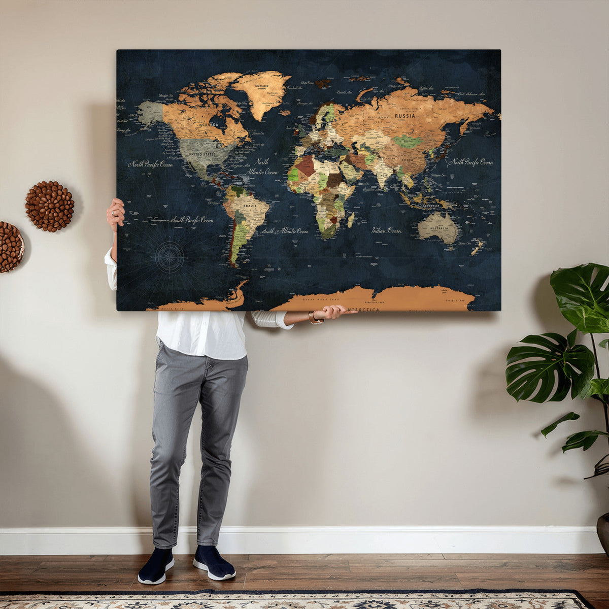 Vintage World Map Canvas Wall Art – Detailed Map with