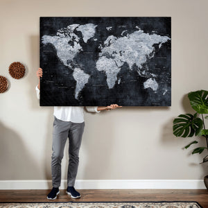 Black World Map Canvas Print – Detailed Map for Couples and