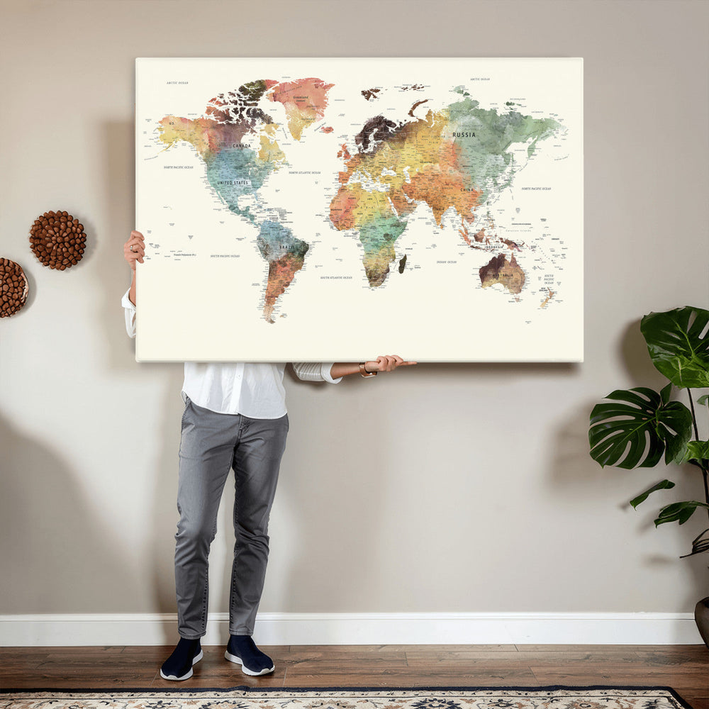 Framed World Map Wall Art Canvas Print for Living Room and