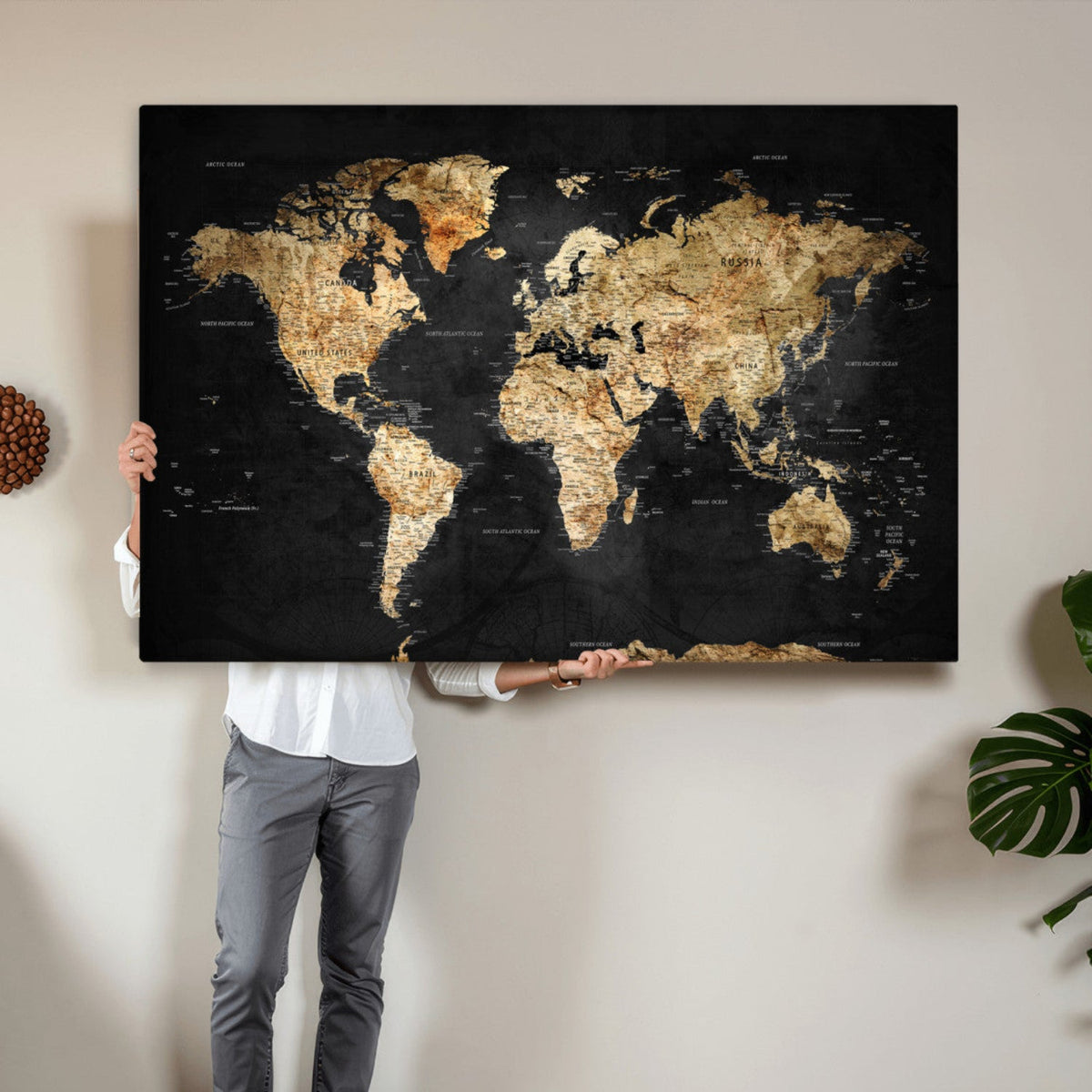 World Map Canvas Wall Art with Famous Landmarks – Framed