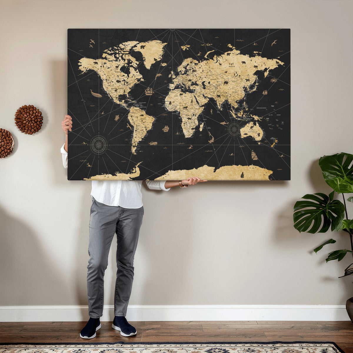 Vintage Blue and Brown World Map Canvas Wall Art – Framed