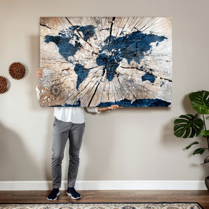 Rustic World Map Canvas Print – Framed Wall Art for Couples,