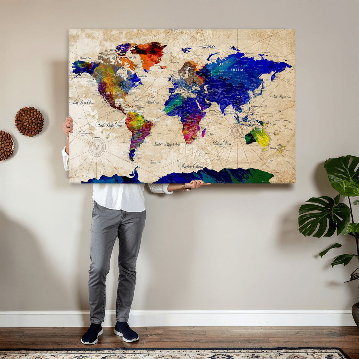 Watercolor World Map Canvas Print – Framed Wall Art for