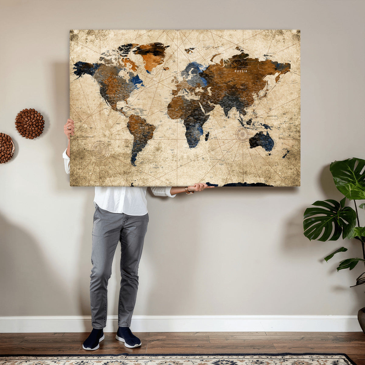 World Map Wall Art – Rustic Earth Tone Canvas Print, Antique