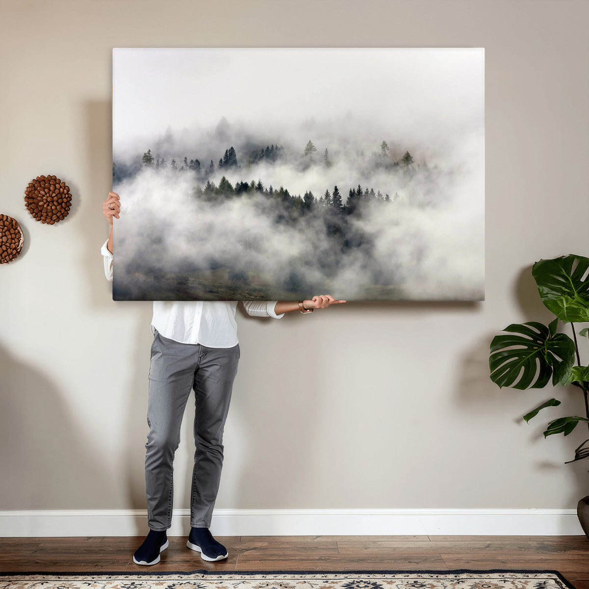 Foggy Forest Wall Art Canvas Print, Misty Pine Tree