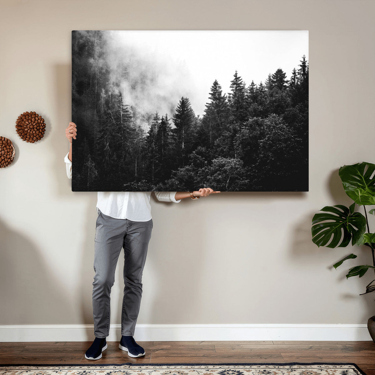 Black White Forest Wall Art Canvas Print, Misty Pine Tree