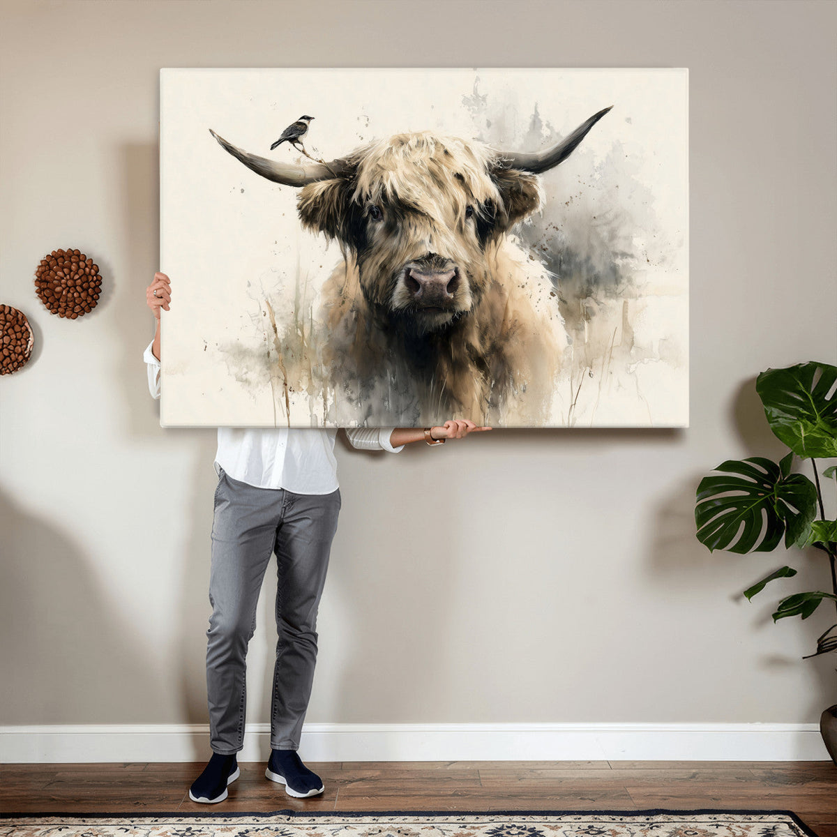 Abstract Highland Cow Wall Art Canvas Print, Rustic Farm