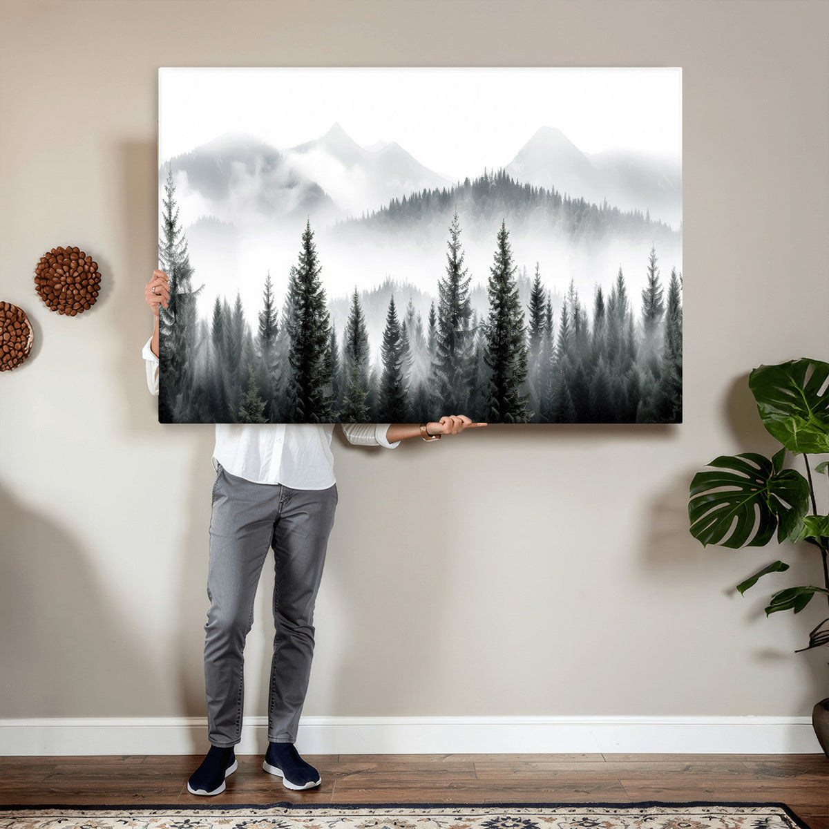 Misty Pine Forest Mountain Landscape Wall Art Canvas Print