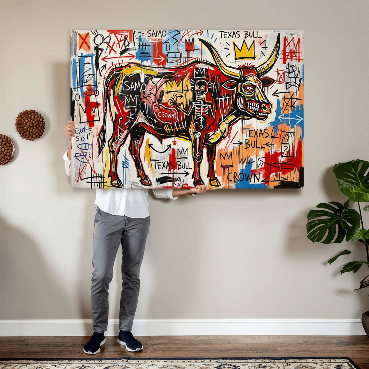 Texas Bull Wall Art Canvas Print, Abstract Graffiti Bull