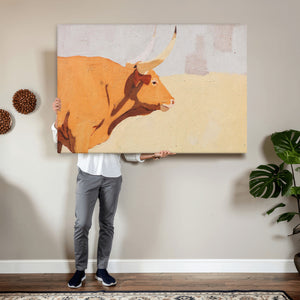 Minimal Longhorn Bull Wall Art Canvas Print, Neutral Western