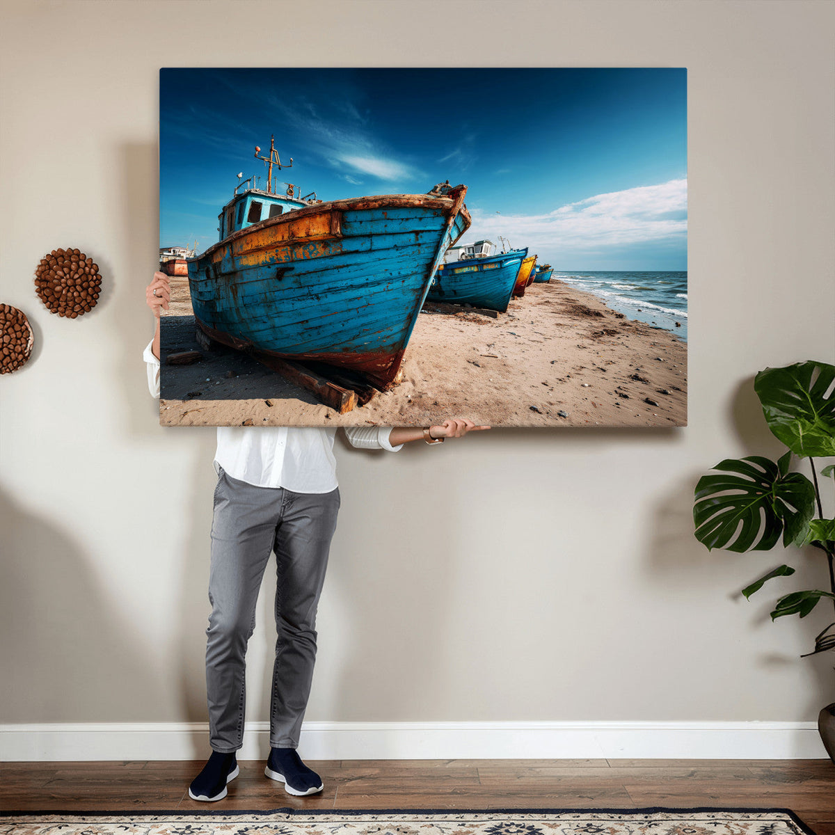 Coastal Fishing Boats Wall Art Canvas Print, Sunset Beach