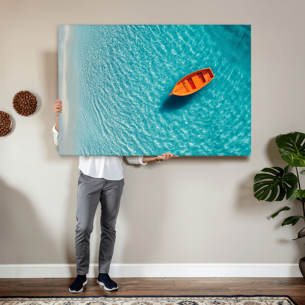 Minimalist Boat Wall Art Canvas Print, Aerial Sea Landscape