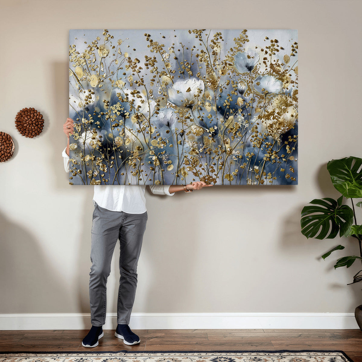 Abstract Floral Wall Art Canvas Print – Gold and Blue