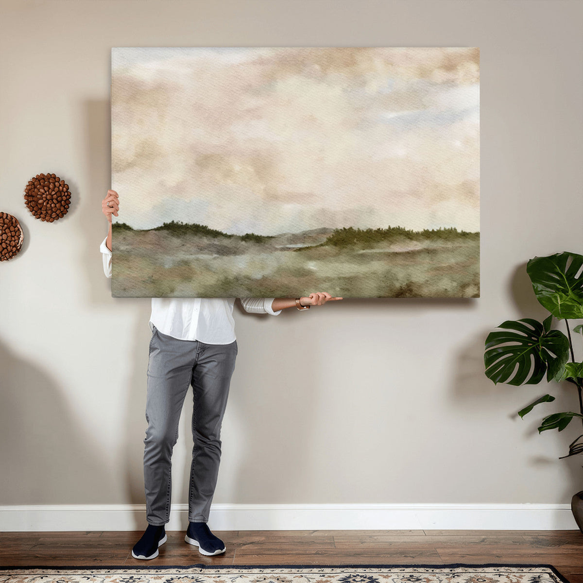 Muted Watercolor Hill Landscape Print — Beige Taupe Cloudy