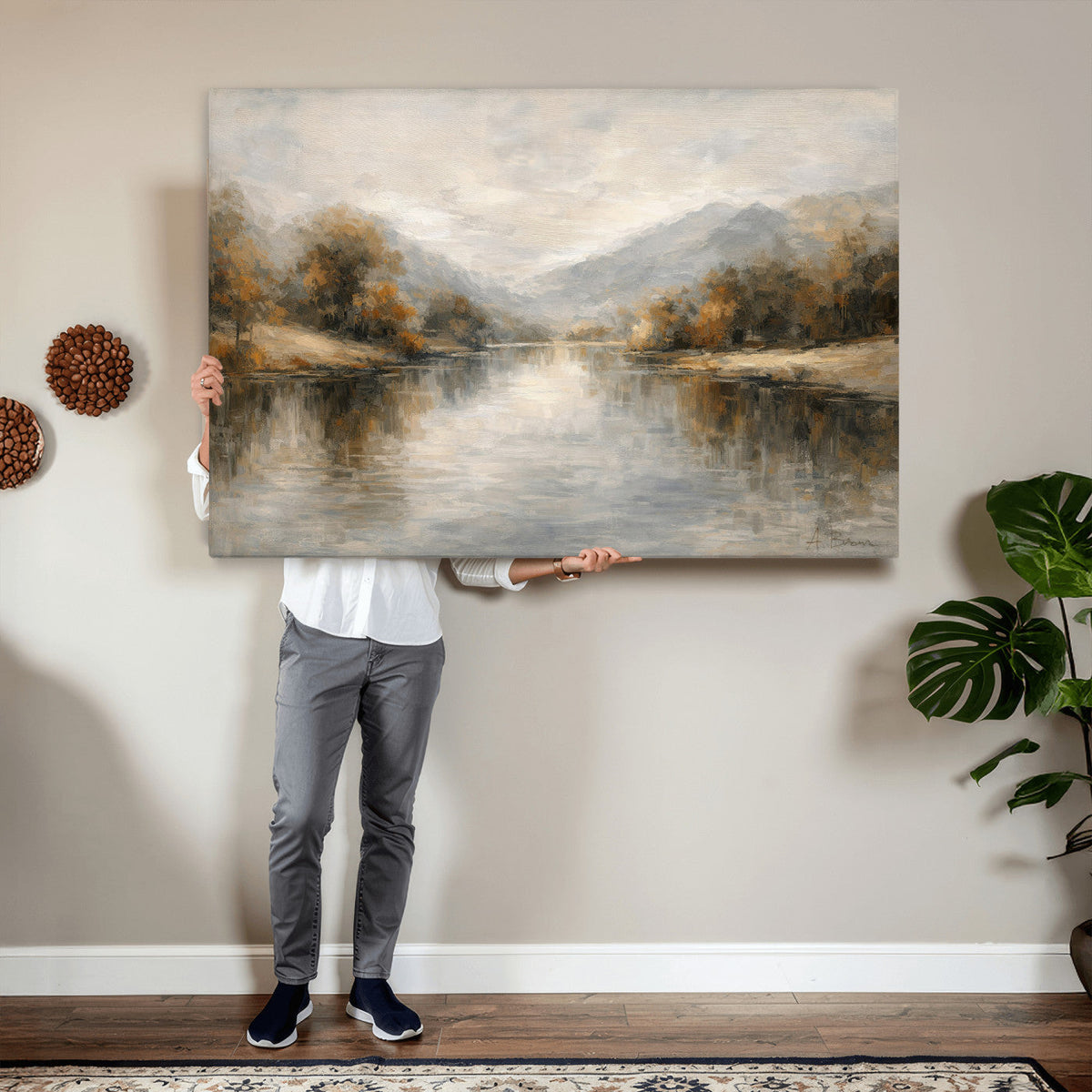Neutral Abstract River Landscape Wall Art Canvas Print
