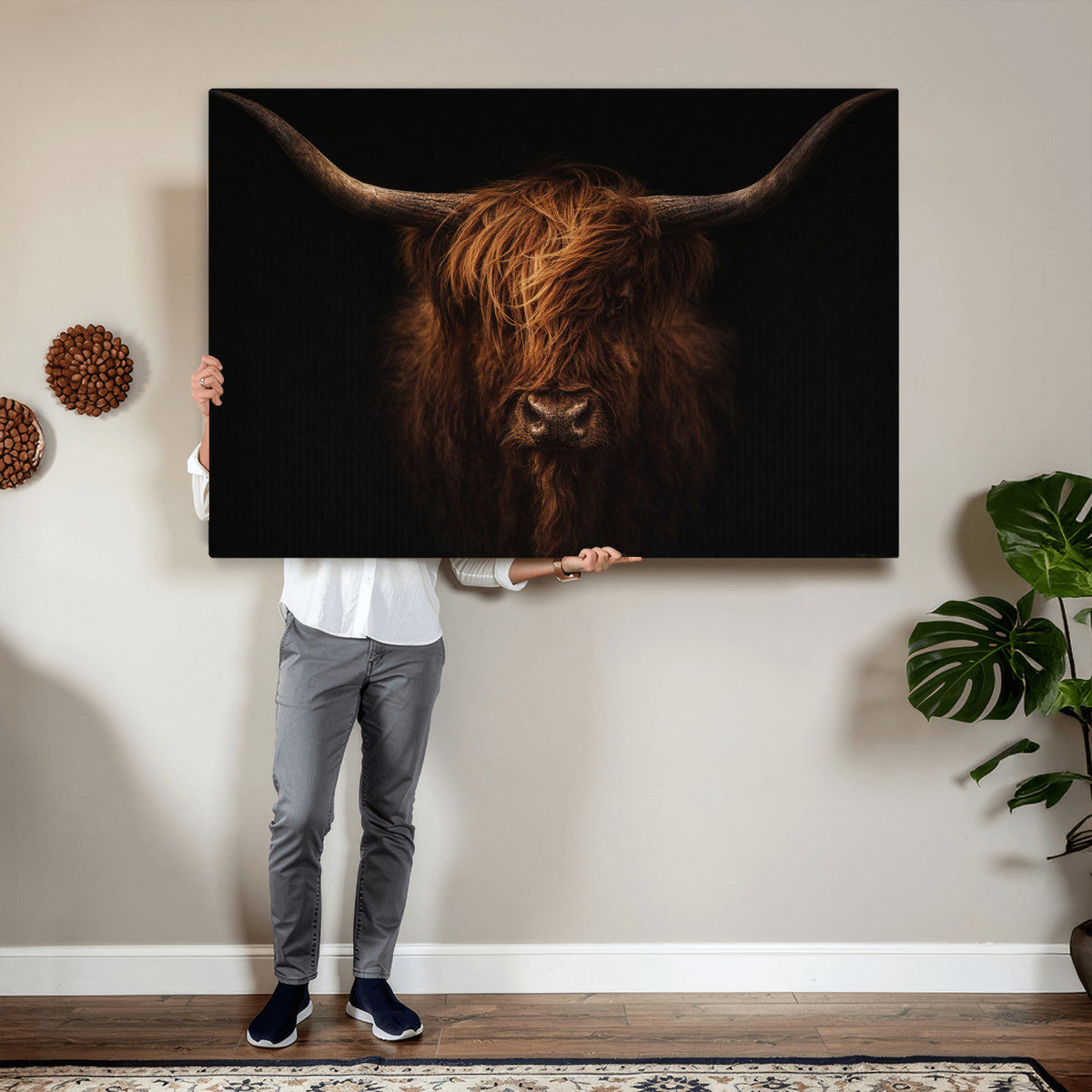 Highland Cow Wall Art Canvas Print – Moody Dark Rustic