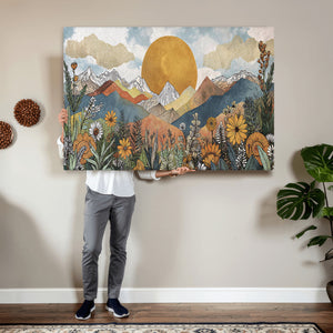 Boho Mountain Landscape Large Wall Art, Horizontal Gold