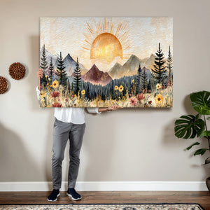 Boho Mountain Landscape Large Wall Art, Horizontal Gold