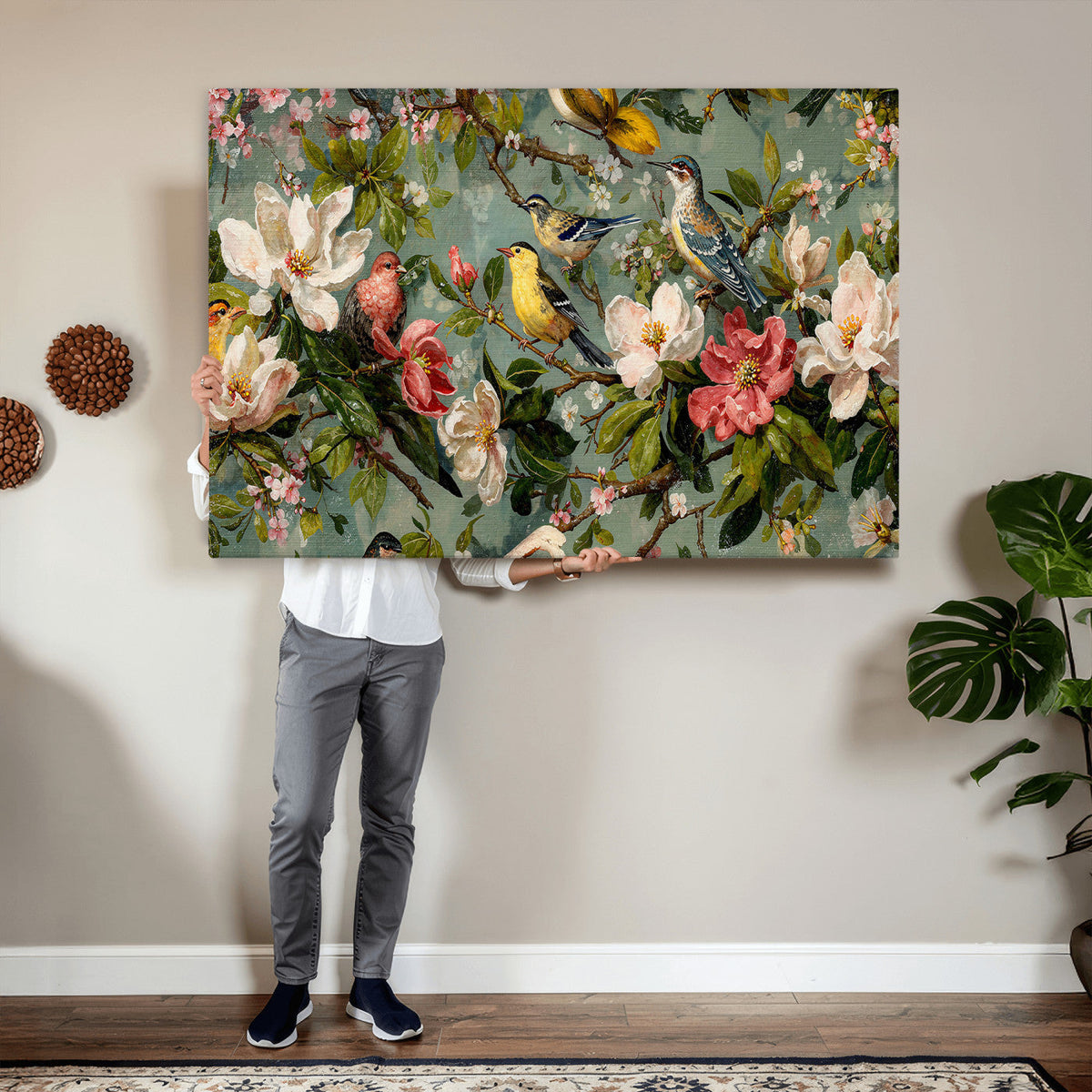 Vintage Birds and Flowers Wide Wall Art: Extra Large