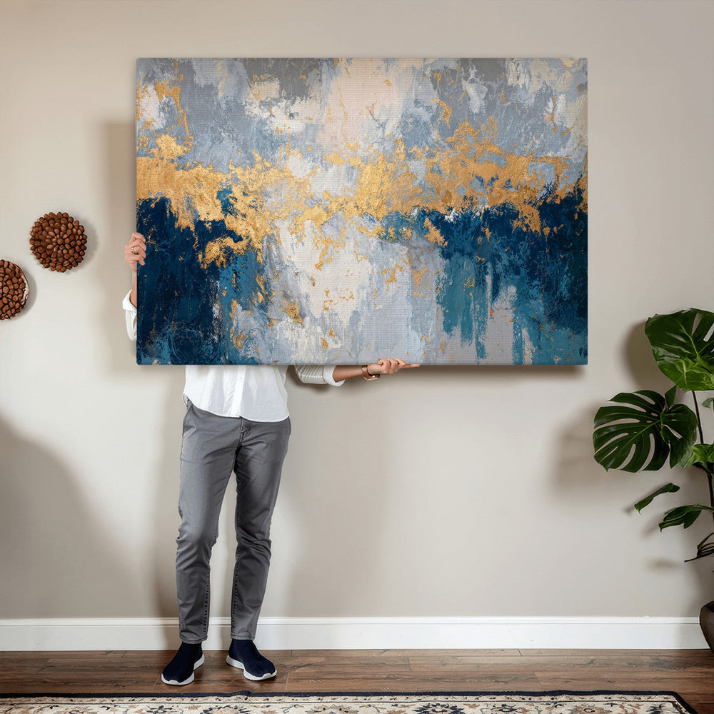 Blue Gold Abstract Large Framed Canvas Wall Art, Modern